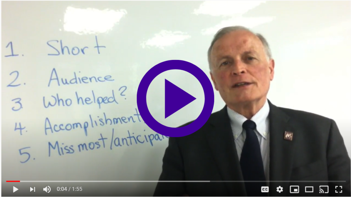RTOERO CEO Jim Grieve standing in front of a whiteboard with five tips for giving a retirement speech written on it