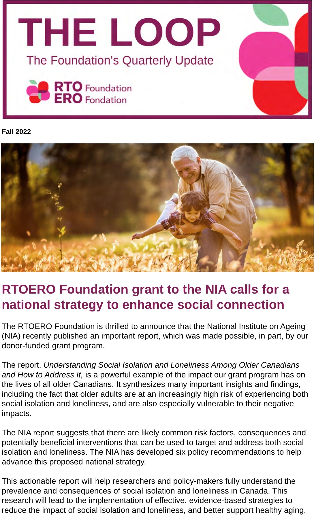 RTOERO Foundation grant to the NIA calls for a national strategy to enhance social connection